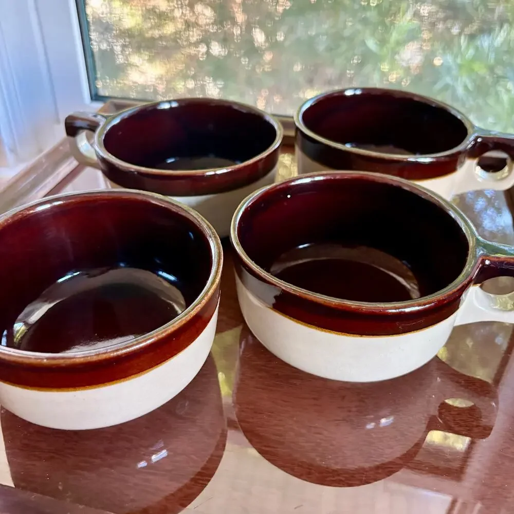 Vintage Western Stoneware Maple Leaf Brown Band Soup Mugs, Set of 4